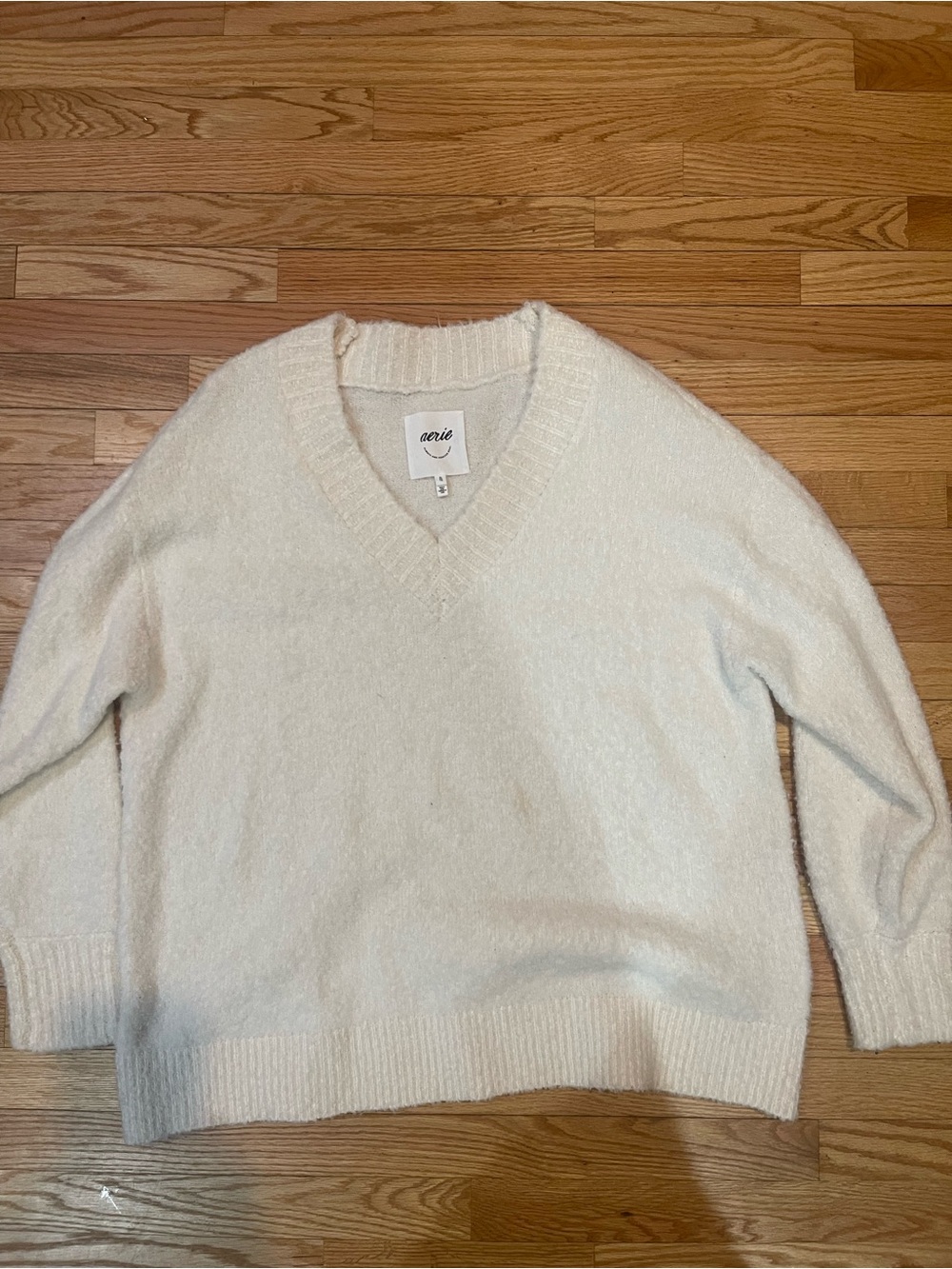 aerie Cream V-Neck Fuzzy Knit Sweater